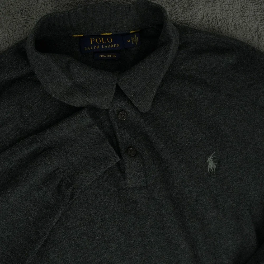 Polo Ralph Lauren Polo Sweater Mens M Gray Pima Cotton Long Sleeve Collared Logo